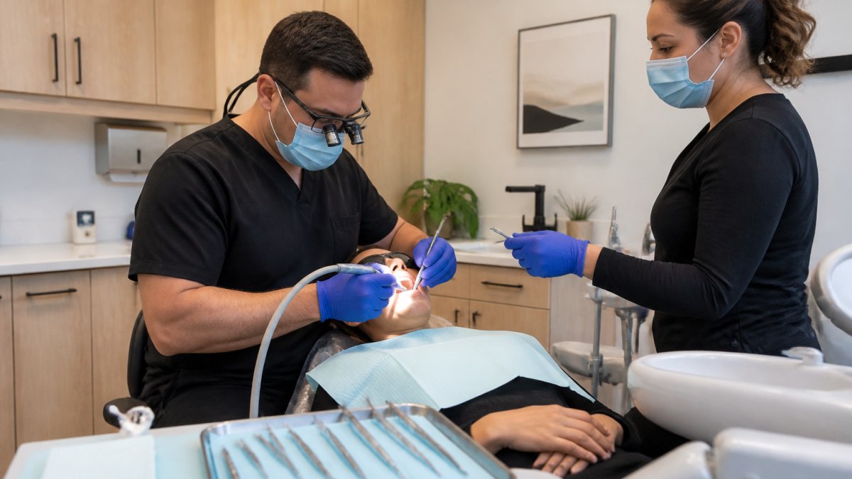 A dentist in gloves and loupes working on a patient reclined in a modern dental chair, assistant passing instruments, bright calming treatment room