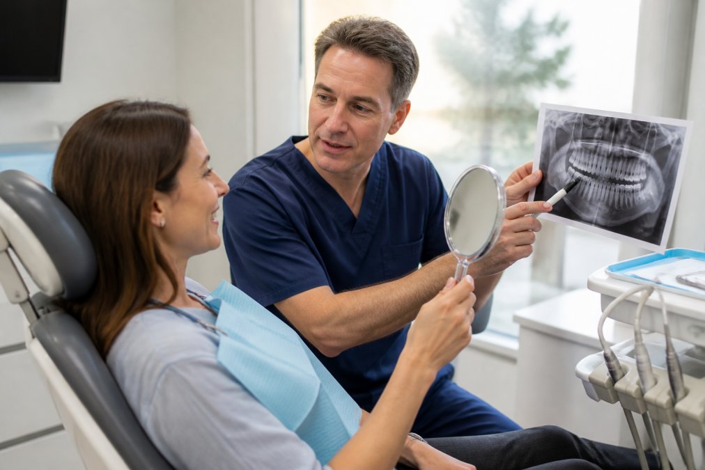 A calm dentist in a modern, bright office showing a relaxed adult patient a digital x-ray on a monitor, explaining the findings while the patient holds a small mirror