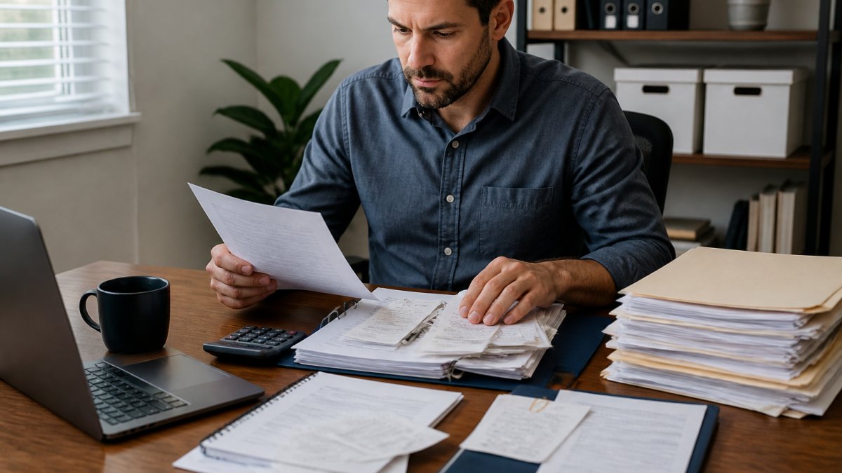 Real estate investor or business owner organizing financial documents and receipts at a desk with folders, a laptop, and a cup of coffee