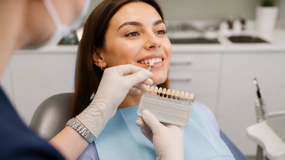 Professional dentist selecting tooth shade colour samples next to patient's natural teeth under bright clinical lighting in modern dental surgery