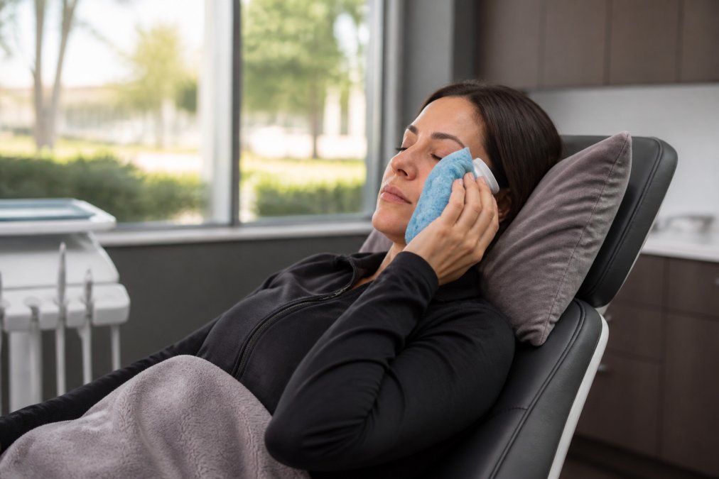 Patient in comfortable recovery position with ice pack gently applied to cheek area, resting in a modern dental office recovery chair with soft lighting and supportive pillows