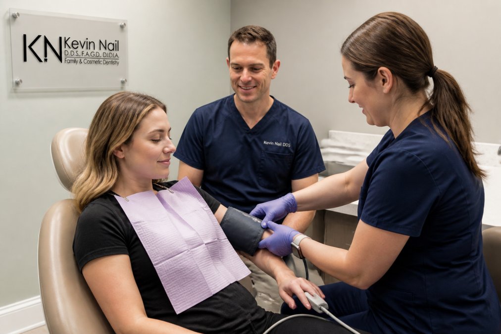 Patient in dental chair with hygienist placing monitoring equipment including blood pressure cuff and pulse oximeter on patient's arm while patient appears calm and prepared, natural clinical lighting