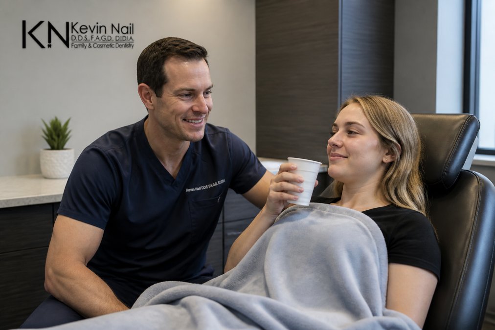 Patient relaxing in recovery room with a responsible adult chaperone present, patient holding a cup of water, appearing calm and comfortable with soft clinical lighting