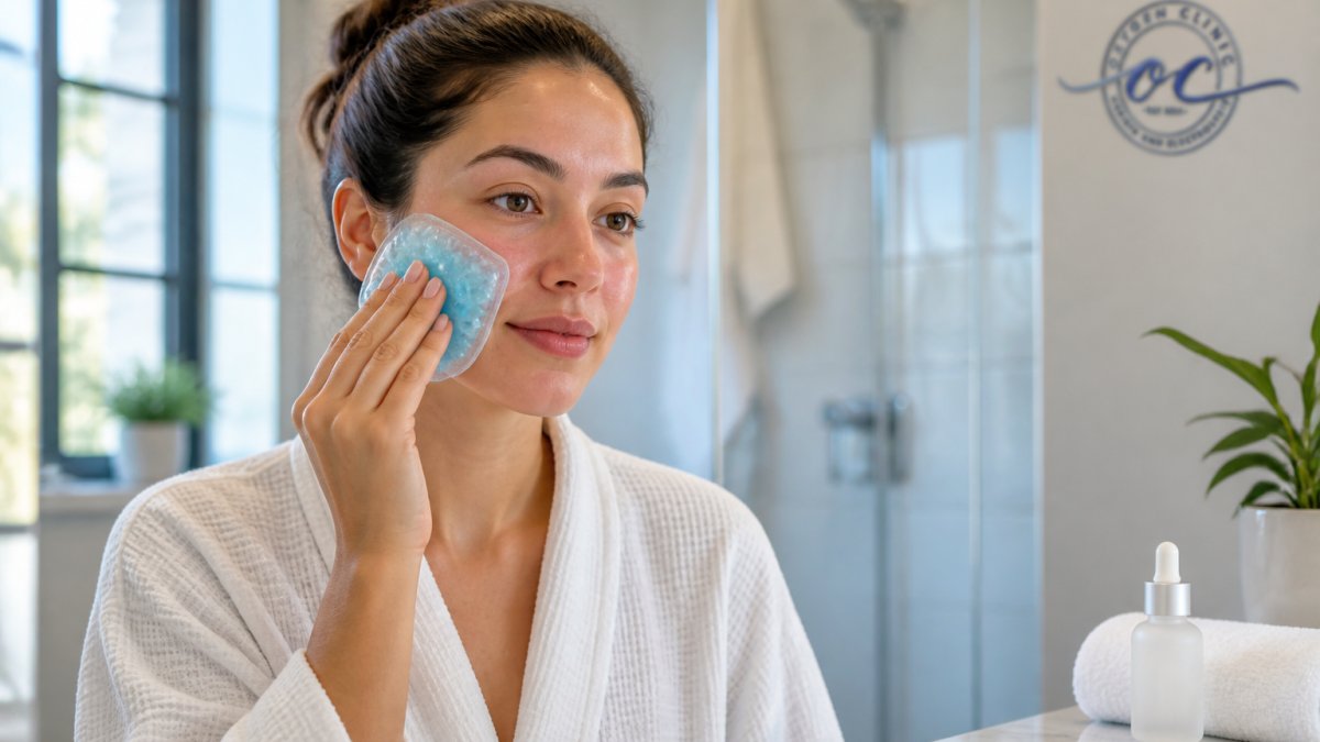 Woman gently applying a cool gel compress to her cheek to support electrolysis recovery in a bright bathroom