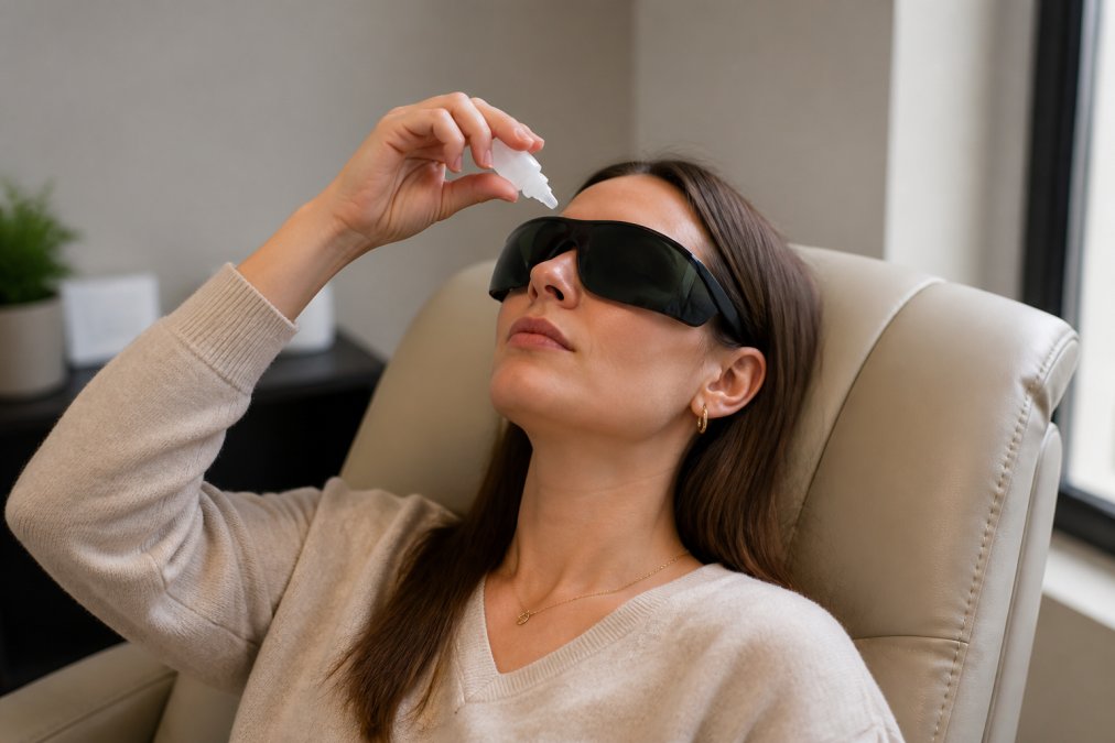 Patient wearing protective dark sunglasses indoors after procedure, applying lubricating eye drops with dropper, resting in comfortable recovery chair with eyes gently closed