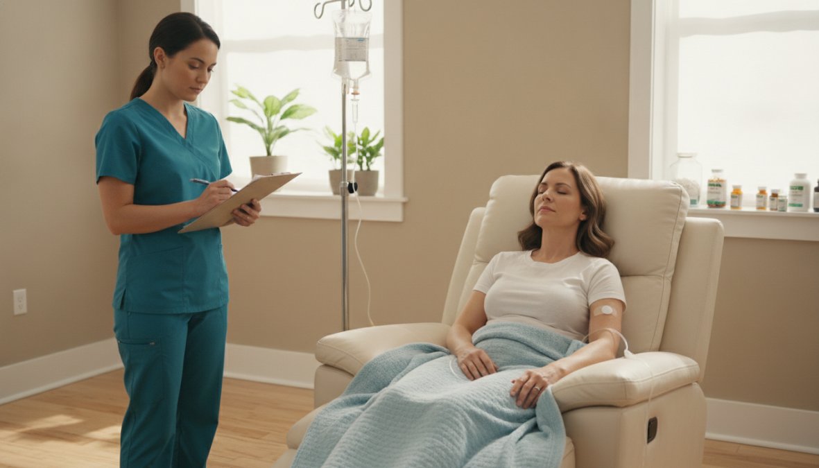 A patient resting in a padded reclining chair during an IV infusion, a clear IV line visible on their forearm, a nurse practitioner in the background reviewing a medical clipboard under bright clinical overhead lighting