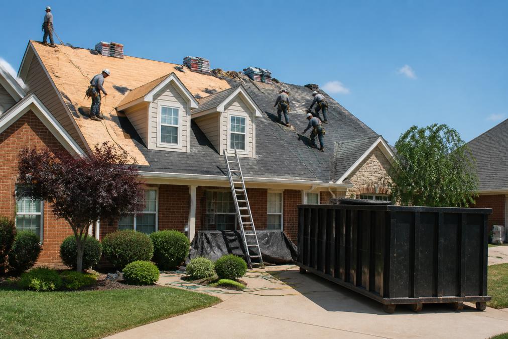 A roofing crew in safety gear working on a residential roof, installing asphalt shingles on a sunny day, with a ladder and dumpster visible in the driveway