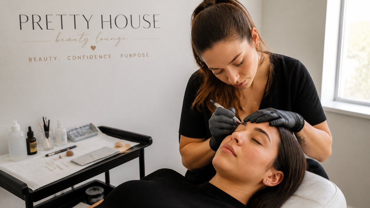 Professional permanent makeup artist applying pigment to client's eyebrows in bright, clean treatment room with comfortable reclined seating and proper lighting