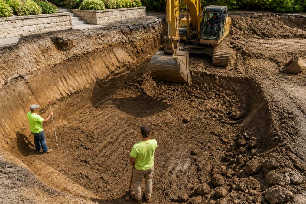 Heavy excavation equipment actively digging a large residential pool basin with exposed soil layers and workers monitoring the excavation depth and slope