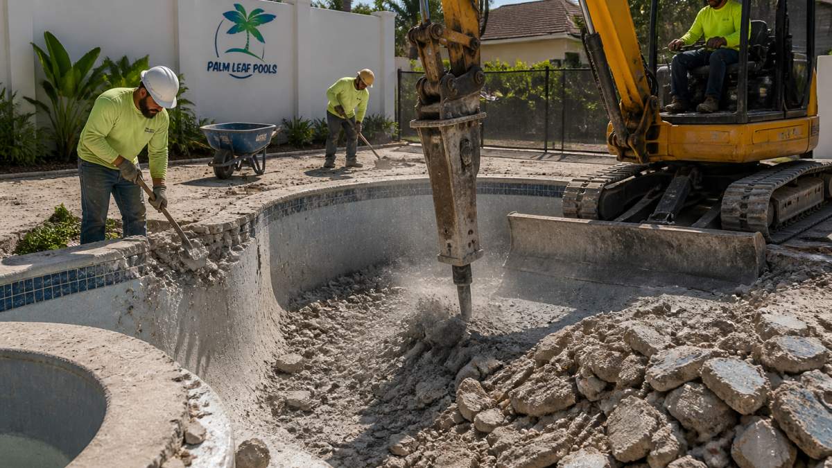 Professional pool construction crew performing controlled demolition on aged residential swimming pool, with heavy equipment, concrete debris scattered around deck, and workers in safety gear managing the site