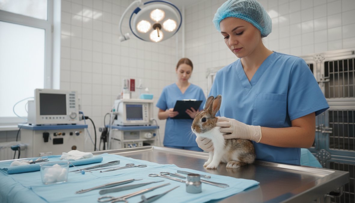 A veterinarian in blue scrubs gently examining a small grey rabbit on a stainless steel exam table in a bright, clean veterinary surgery room, with surgical instruments arranged on a tray in the background