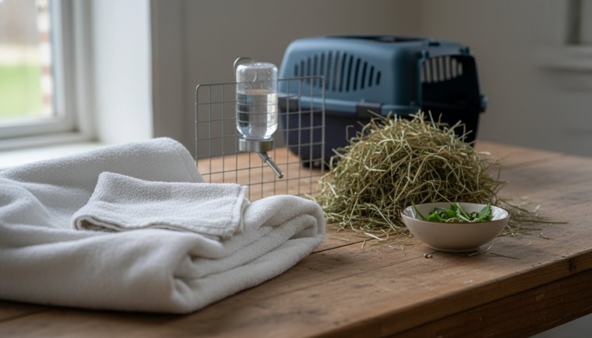 A small white rabbit resting comfortably in a clean, low-sided recovery enclosure lined with soft fleece bedding, with a hay rack and water bottle visible on the side, photographed under warm indoor lighting