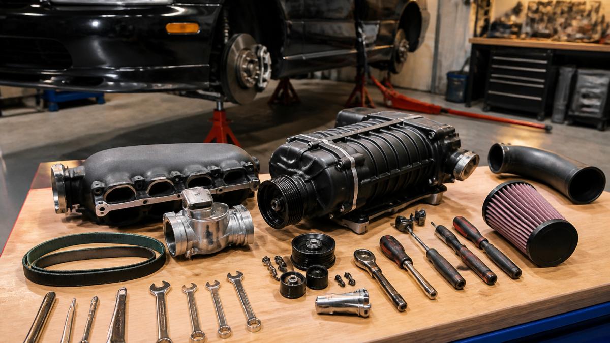 A well-organized garage workspace with a vehicle raised on jack stands, a supercharger kit laid out on a workbench, and hand tools arranged neatly nearby under warm overhead lighting