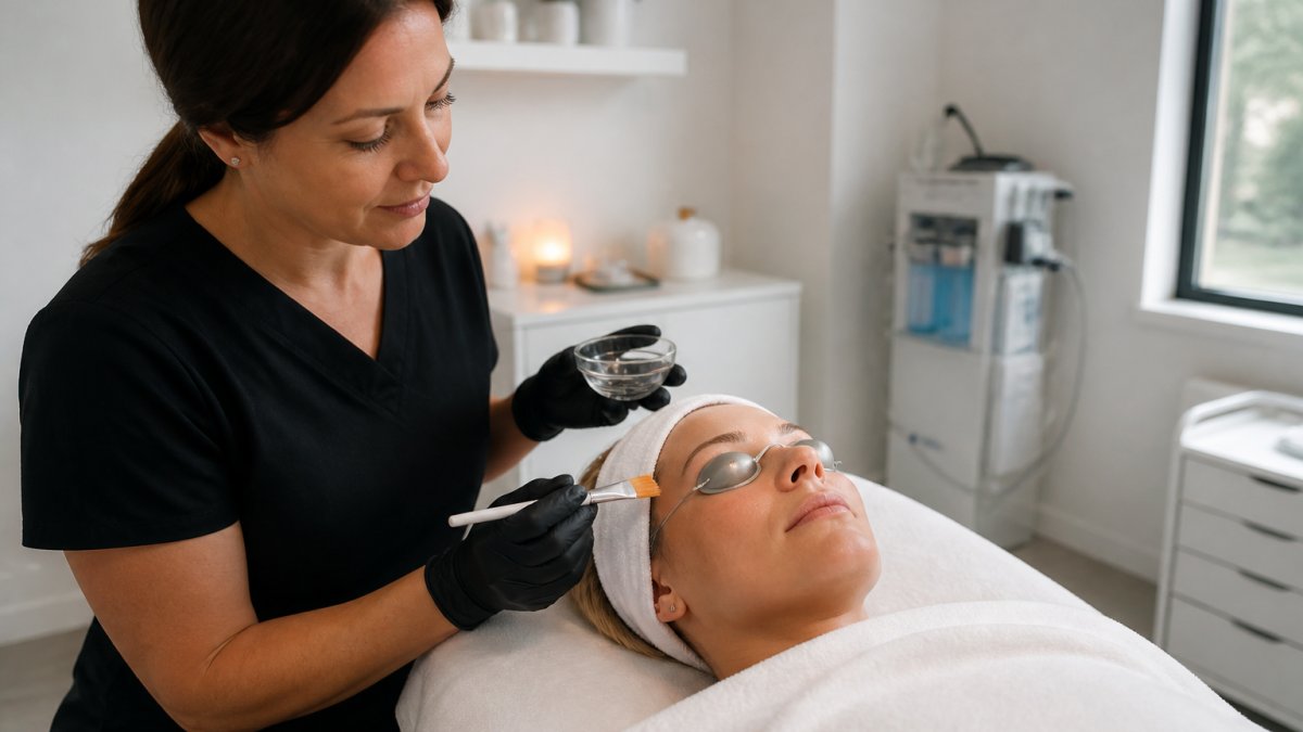 Aesthetic provider using a brush to apply a chemical peel solution to a relaxed client's face in a clinic