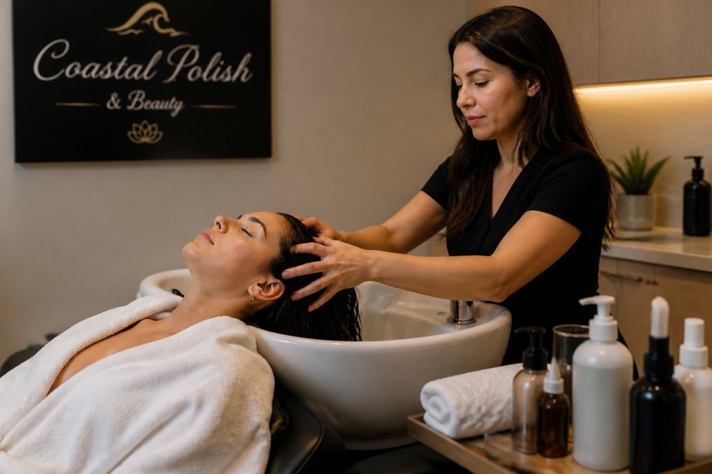 A client reclining in a treatment chair with eyes closed while a hair therapist performs a gentle scalp massage, warm ambient lighting, soft white towels draped over the client's shoulders, clean and serene spa setting with product bottles arranged neatly on a nearby tray