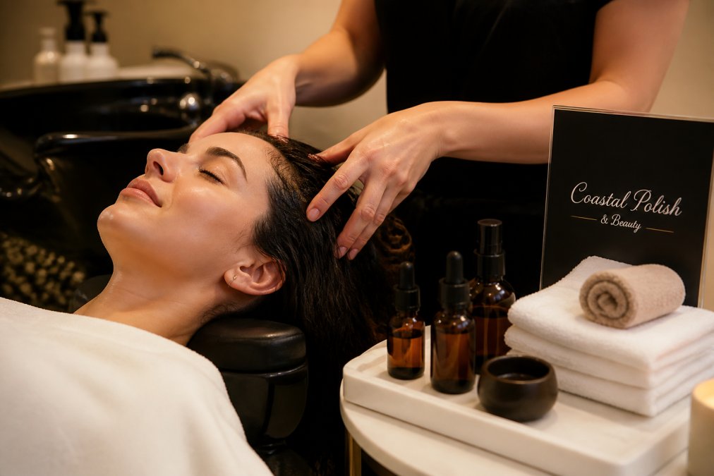 Close-up of a hair therapist applying essential oils to a client's scalp with fingertips, soft folded towels and amber-glass spa product bottles arranged on a white tray nearby, warm directional lighting, serene spa setting