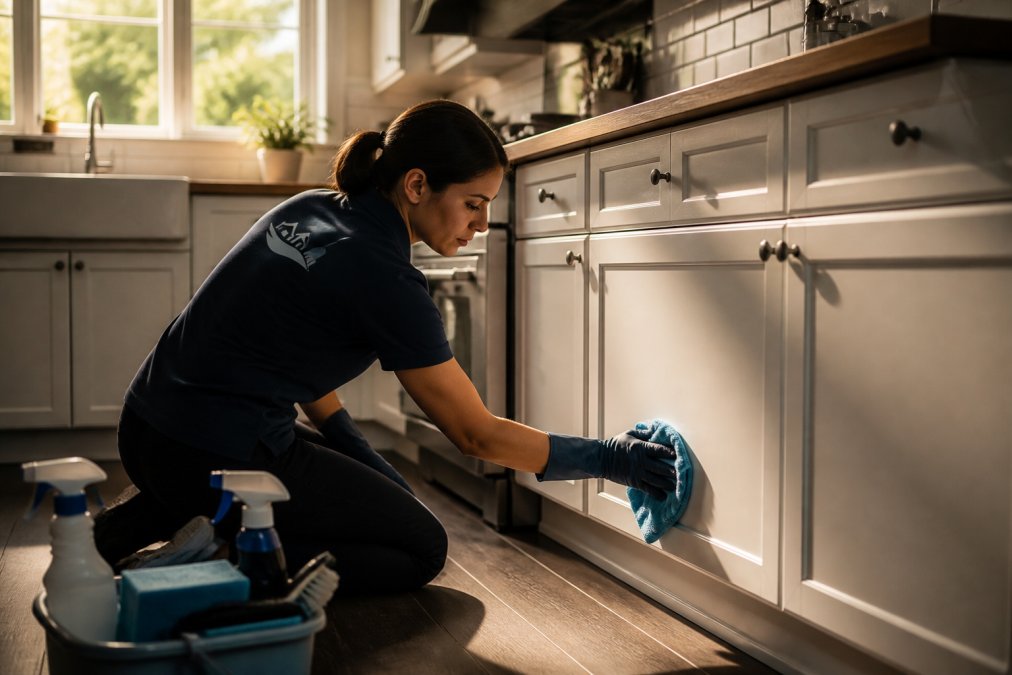 A professional cleaner in a bright home kitchen wiping down cabinet fronts and baseboards with a microfiber cloth, supplies nearby, warm natural light through a window