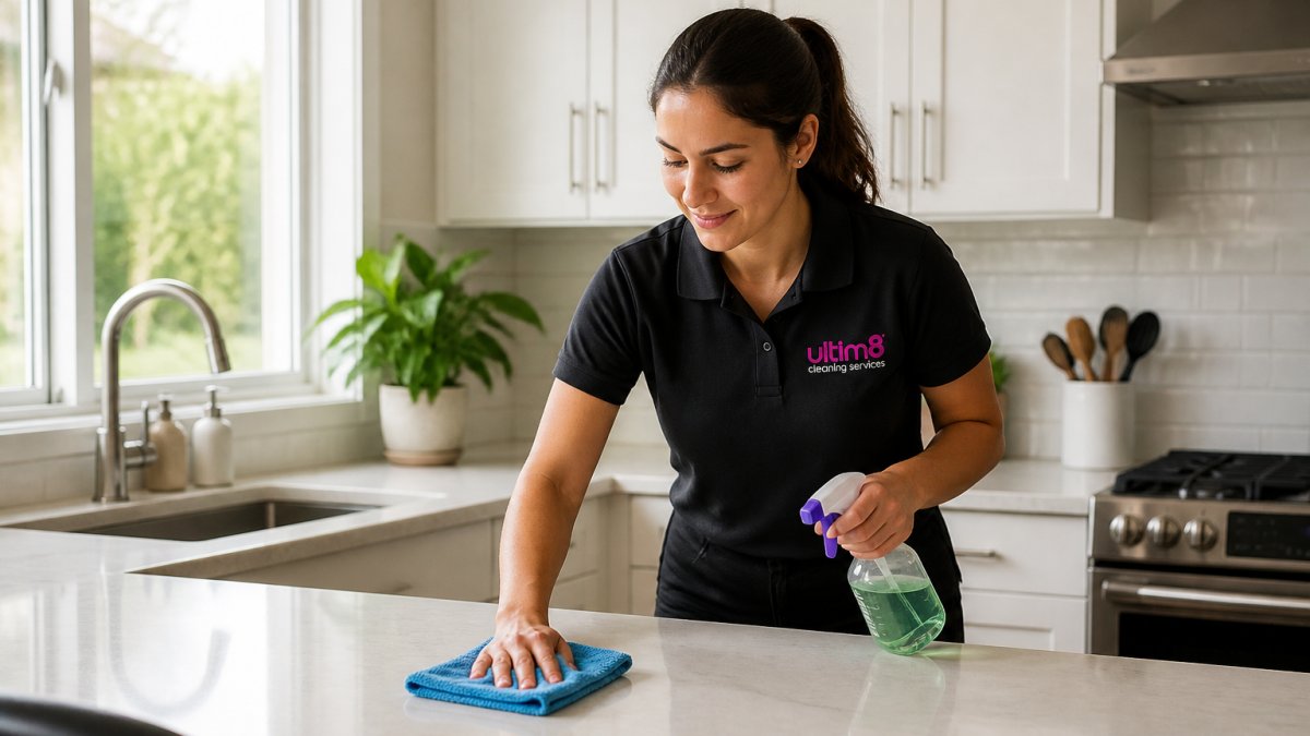 What to Expect From a Recurring Cleaning Service 5 Professional cleaner in uniform wiping down kitchen countertops with microfiber cloth and eco-friendly spray bottle, natural morning light streaming through kitchen window