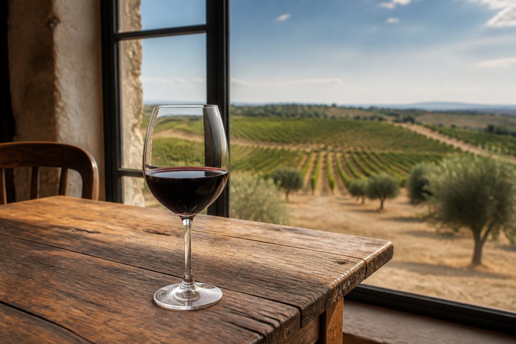 A glass of deep red Alentejo wine on a rustic wooden table, vineyard and rolling hills visible through a window in soft afternoon light