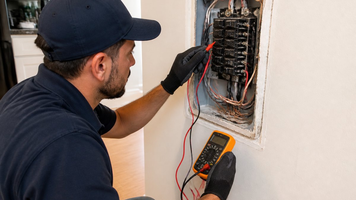 Licensed electrician using a multimeter to test electrical outlets and wiring connections inside a residential home wall panel, with visible wiring and testing equipment