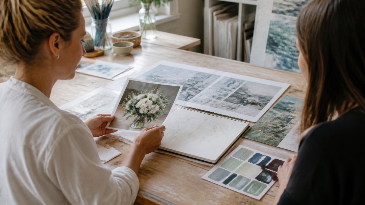 Artist in bright studio workspace reviewing reference images and sketches with client's wedding bouquet photo, color swatches, and mood boards arranged on wooden work table with natural window light