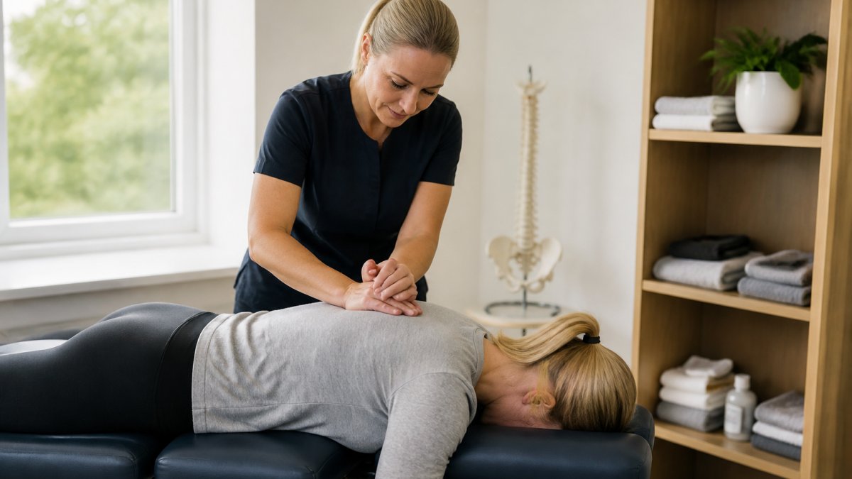 Professional chiropractor performing spinal adjustment on patient lying face down on treatment table in calm clinical setting with soft lighting and modern equipment visible
