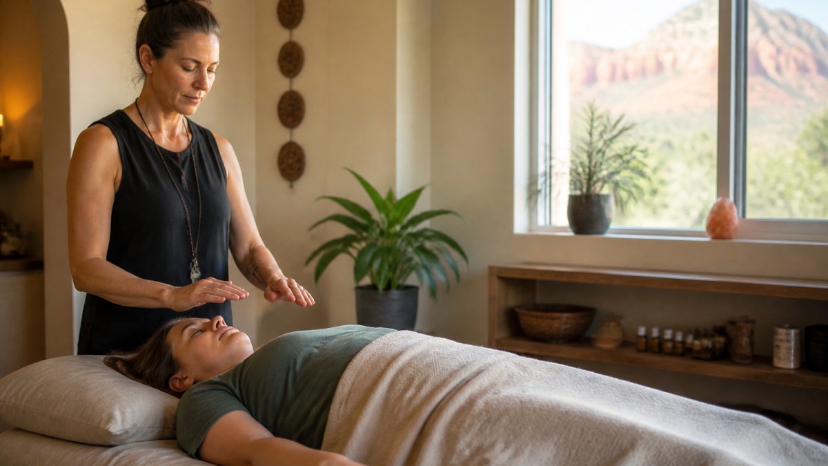 A calm treatment room with soft natural light, a person lying fully clothed on a massage table under a light blanket, and a practitioner standing quietly nearby with hands resting lightly above the person's shoulder