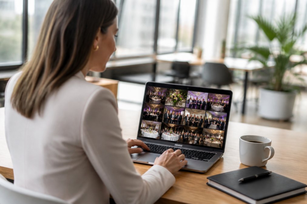 Marketing manager reviewing a digital event photography delivery gallery on a laptop in a modern office.