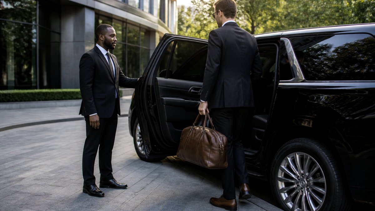 A professional chauffeur in a dark suit opening the rear door of a black SUV for a business traveler outside a modern uptown office building, late afternoon light