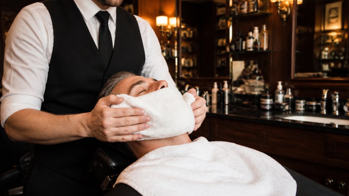 Infographic illustrating the step-by-step process of premium grooming services during a traditional hot towel shave