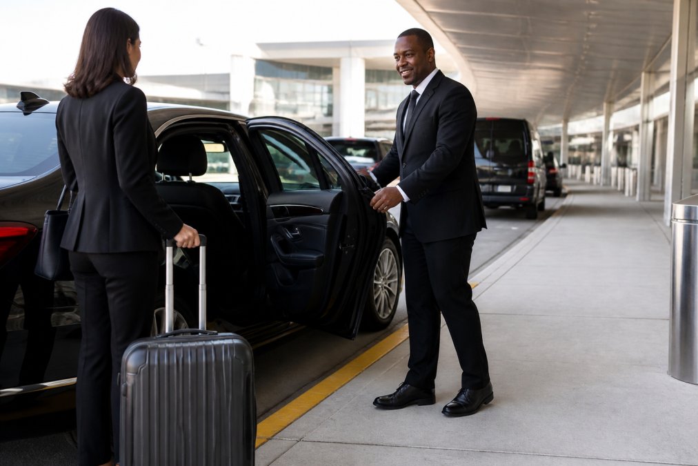 A professionally dressed chauffeur in a dark suit holding a passenger door open beside a black luxury sedan at an airport arrivals curb, with a traveler's luggage nearby and soft daylight
