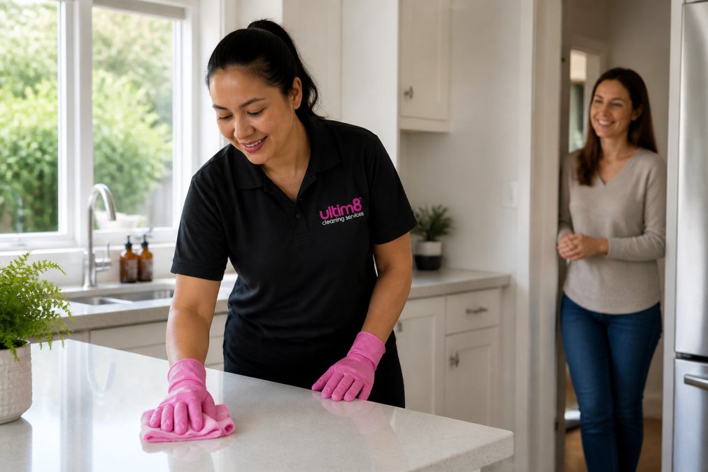 What to Expect From Professional Cleaners: A Complete Guide 7 A professional cleaner in a branded polo shirt wiping a kitchen counter while a smiling homeowner watches from the doorway, bright natural light streaming through the window