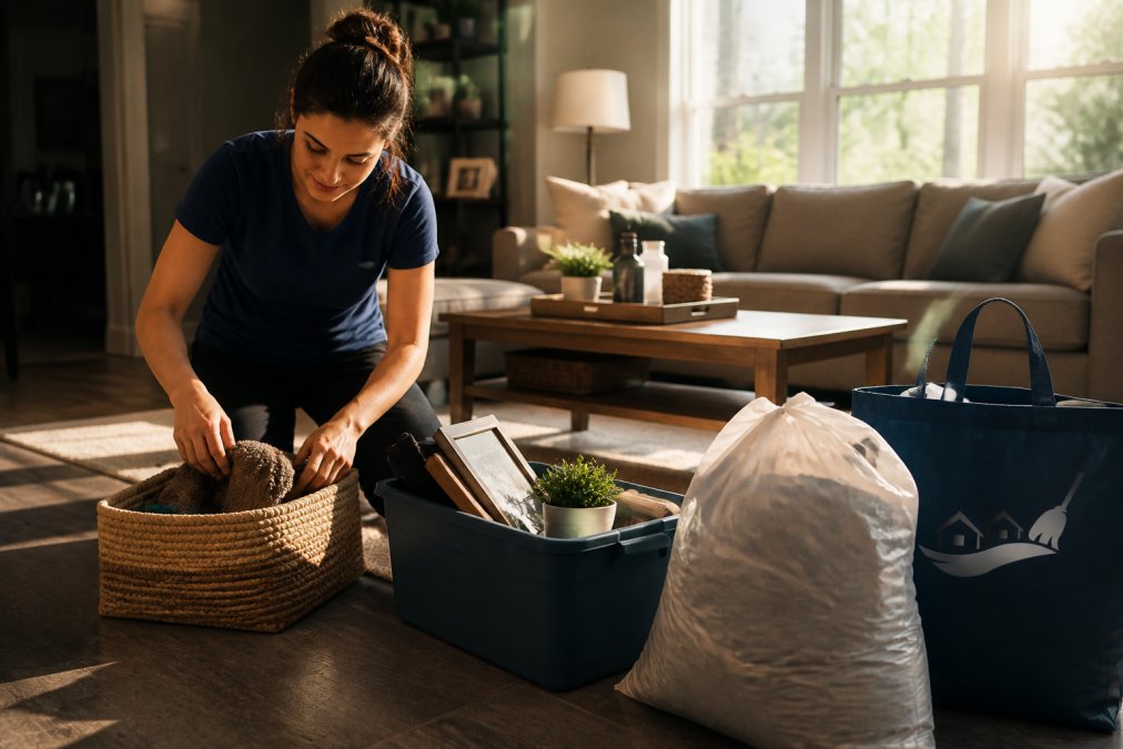 Homeowner clearing clutter from a living room floor, organizing items into bins and bags before a cleaning appointment, with natural sunlight streaming through windows