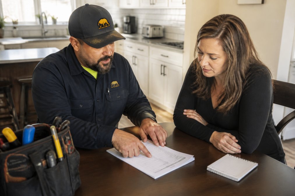 A professional electrician in a work uniform reviewing a detailed quote document with a homeowner at a kitchen table, pointing at an itemized list
