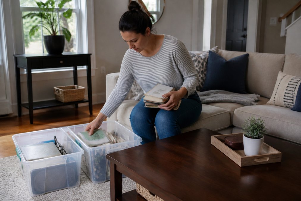 Homeowner decluttering a living room by organizing books and personal items into storage containers while clearing coffee table surfaces before a scheduled cleaning appointment