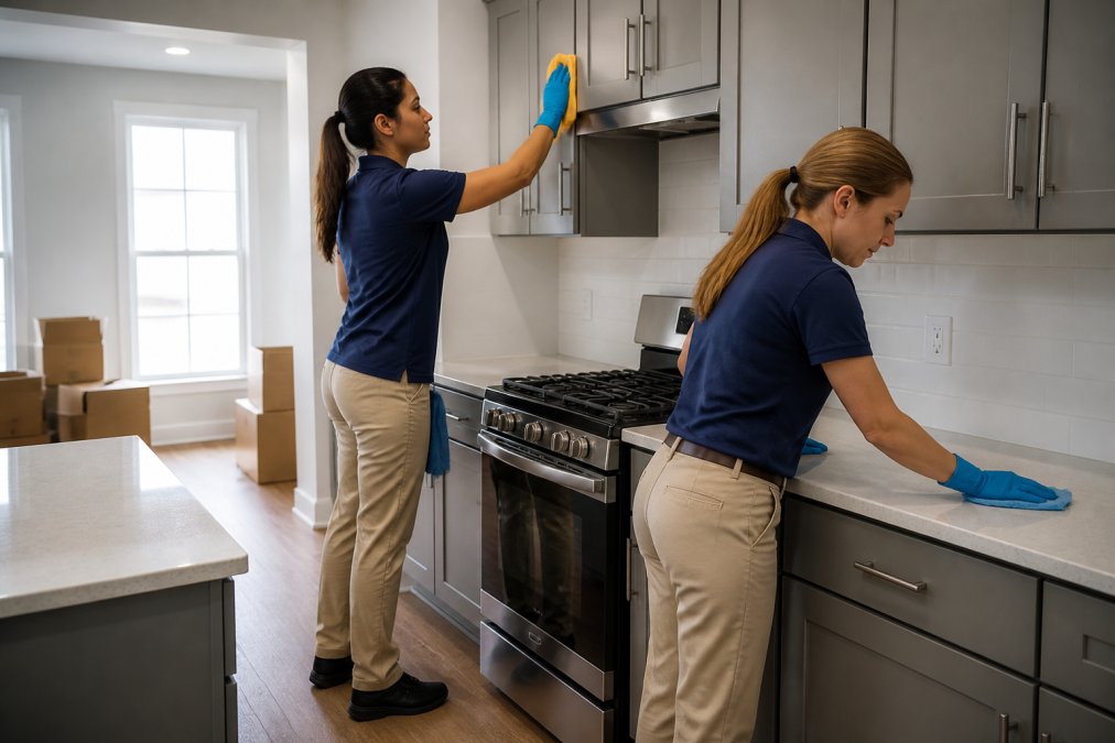 Professional cleaners wiping kitchen cabinets during a move in cleaning service in an empty apartment