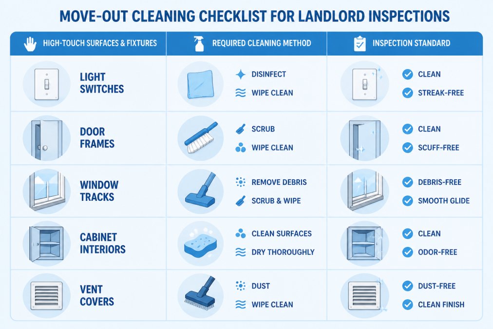 Comparison matrix showing high-touch surfaces and fixtures (light switches, door frames, window tracks, cabinet interiors, vent covers) with required cleaning methods and inspection standards