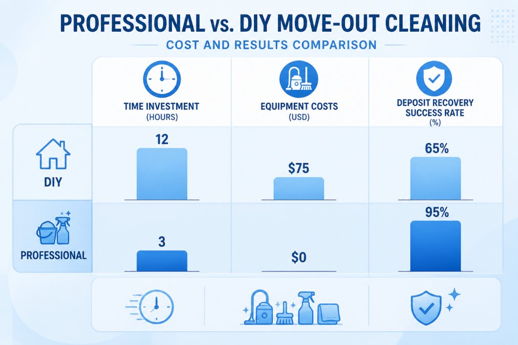 Bar chart comparing time investment (hours), equipment costs, and deposit recovery success rates between DIY and professional move-out cleaning approaches