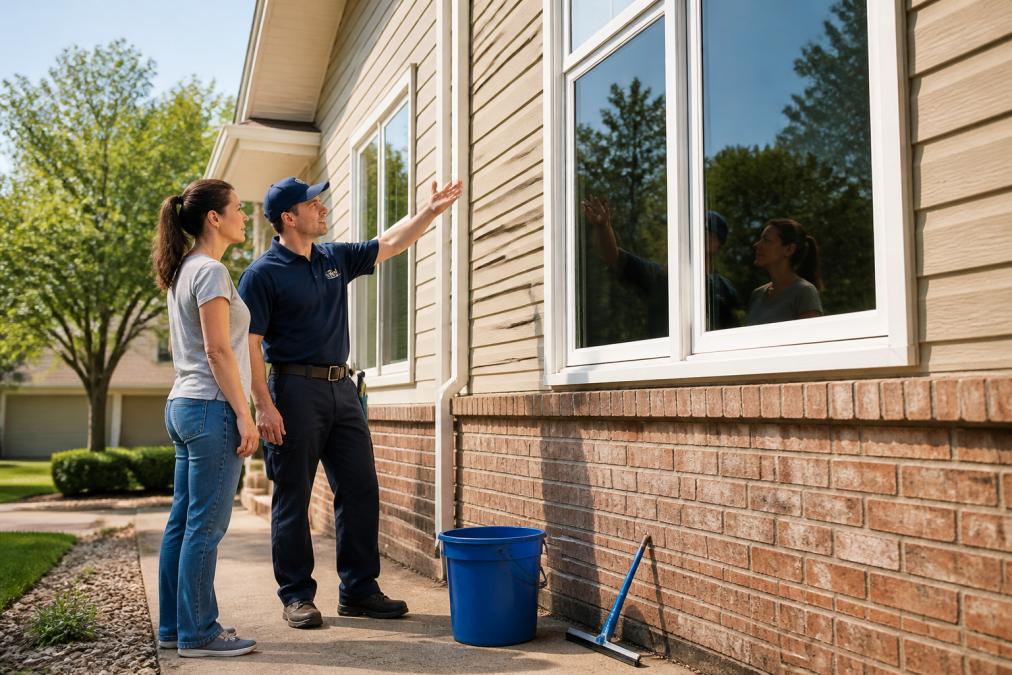 Homeowner and technician performing a professional window washing inspection of a two-story home exterior.