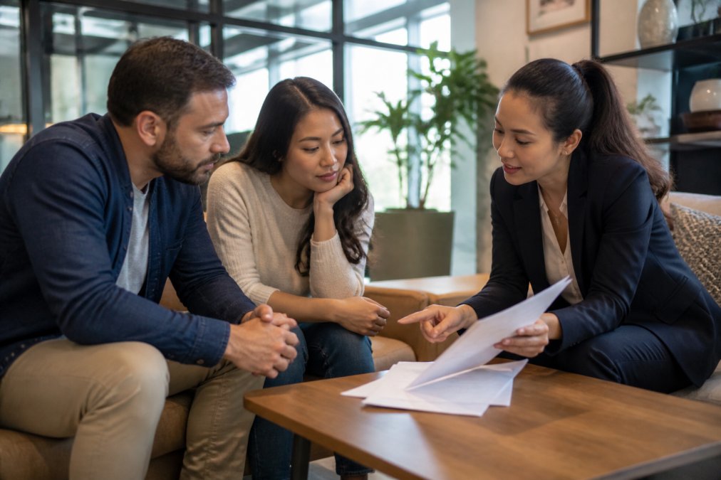 Real estate agent in modern office having focused conversation with client, reviewing documents together with genuine engagement and professional attentiveness
