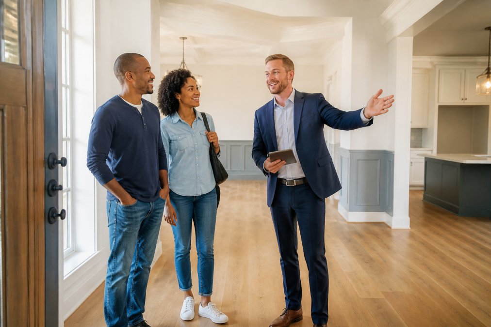 Real estate agent walking with couple through home interior, pointing out features and architectural details during property showing with natural daylight