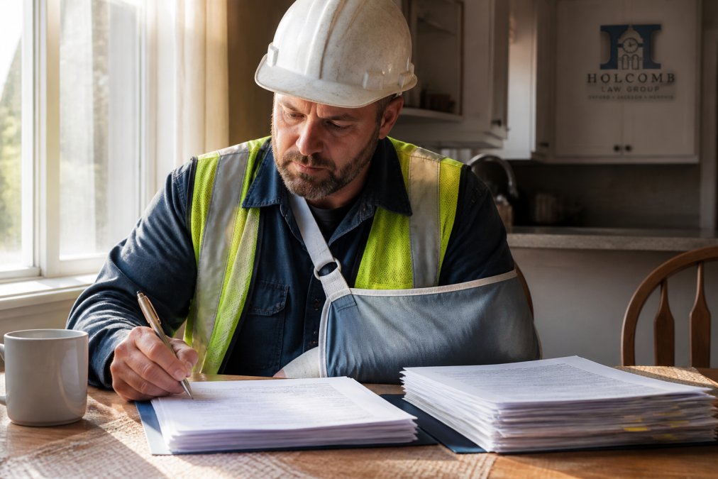 An injured worker in a hard hat sitting at a kitchen table with a pen and a stack of medical paperwork, morning light through the window