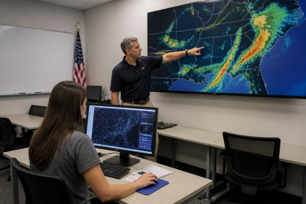 A student in a modern dispatch training center practicing on a computer with flight tracking software, while an instructor points to a weather radar display on a large screen in the background
