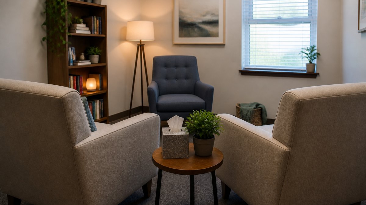 A calm, warmly lit therapy office with two comfortable chairs facing a counselor's chair, a small side table with a tissue box and a plant, suggesting a safe and neutral space for a first couples session