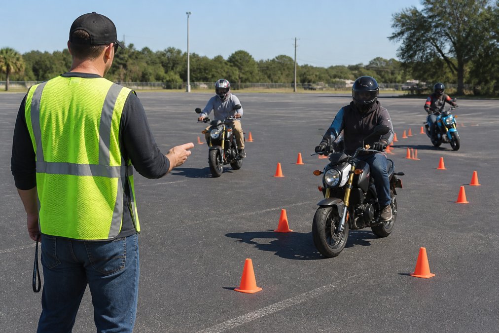 Beginner riders practicing slow-speed cone maneuvers during an MSF course under the guidance of a rider coach.
