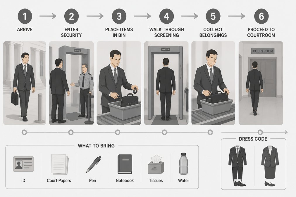 Professional individual in business attire entering a courthouse through security screening, showing appropriate formal clothing and composed demeanor during the security checkpoint process