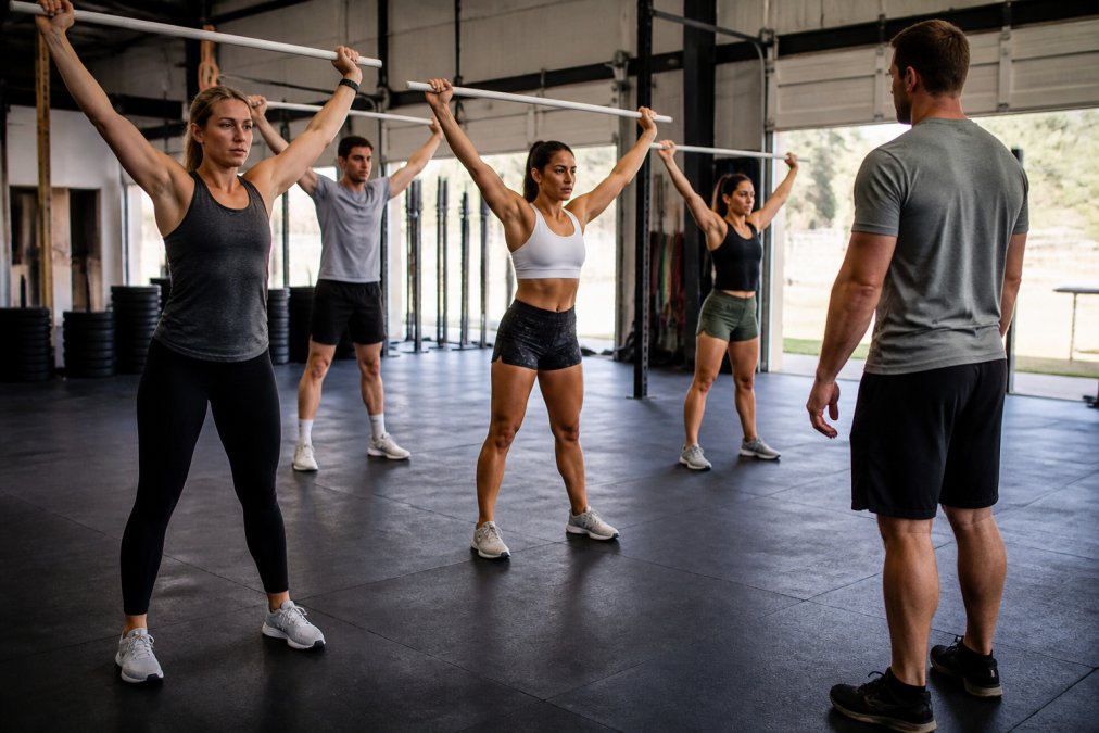 A diverse group uses PVC pipes for a warm-up during their first CrossFit class under coach supervision.