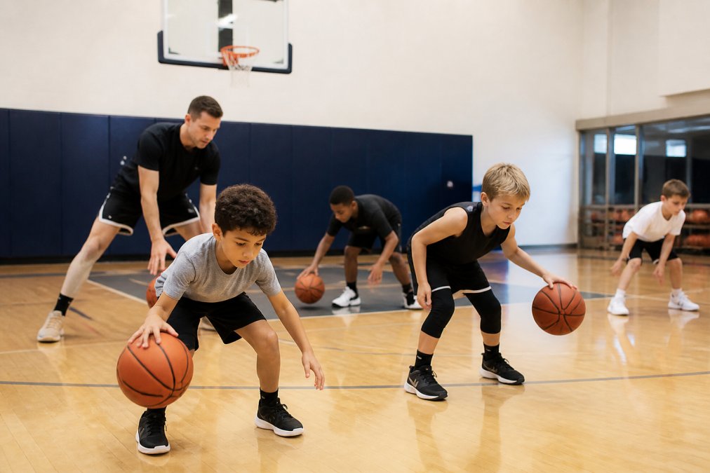 Young players practicing drills in youth basketball leagues with a coach on an indoor court