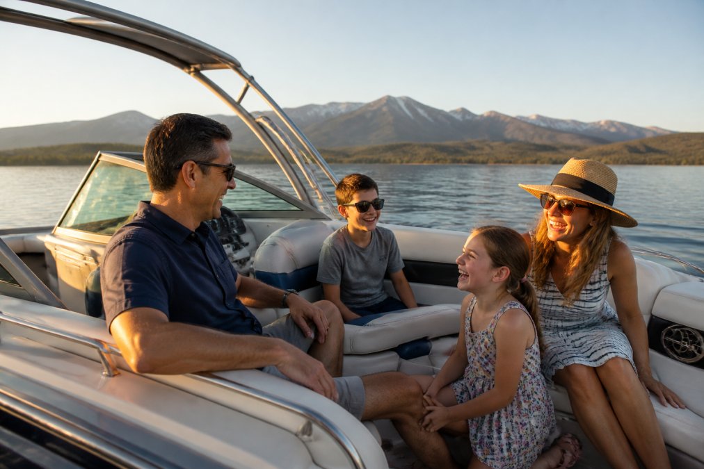 A family laughing and relaxing on the deck of a private motorboat on a clear blue lake at golden hour, mountains visible in the background