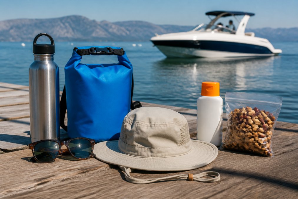 A neatly laid-out collection of boat day essentials on a wooden dock in morning light: reef-safe sunscreen, polarized sunglasses, a wide-brim hat, a dry bag, trail mix snacks, and a stainless steel water bottle
